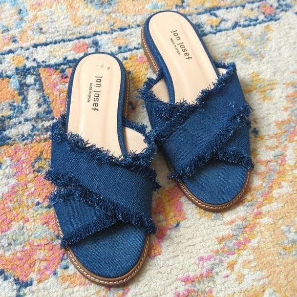Jon Josef Shoes - Jon Josef Noble Dark Wash Denim Frayed Criss Cross Open Toe Slide Sandals 9